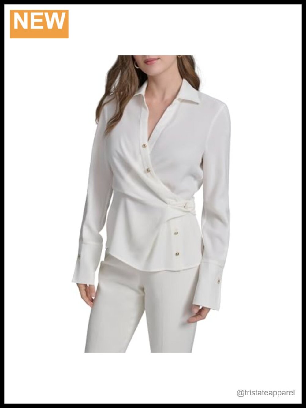 H Halston Womens Draped Front Neck Blouse with Hardware 100% Polyester